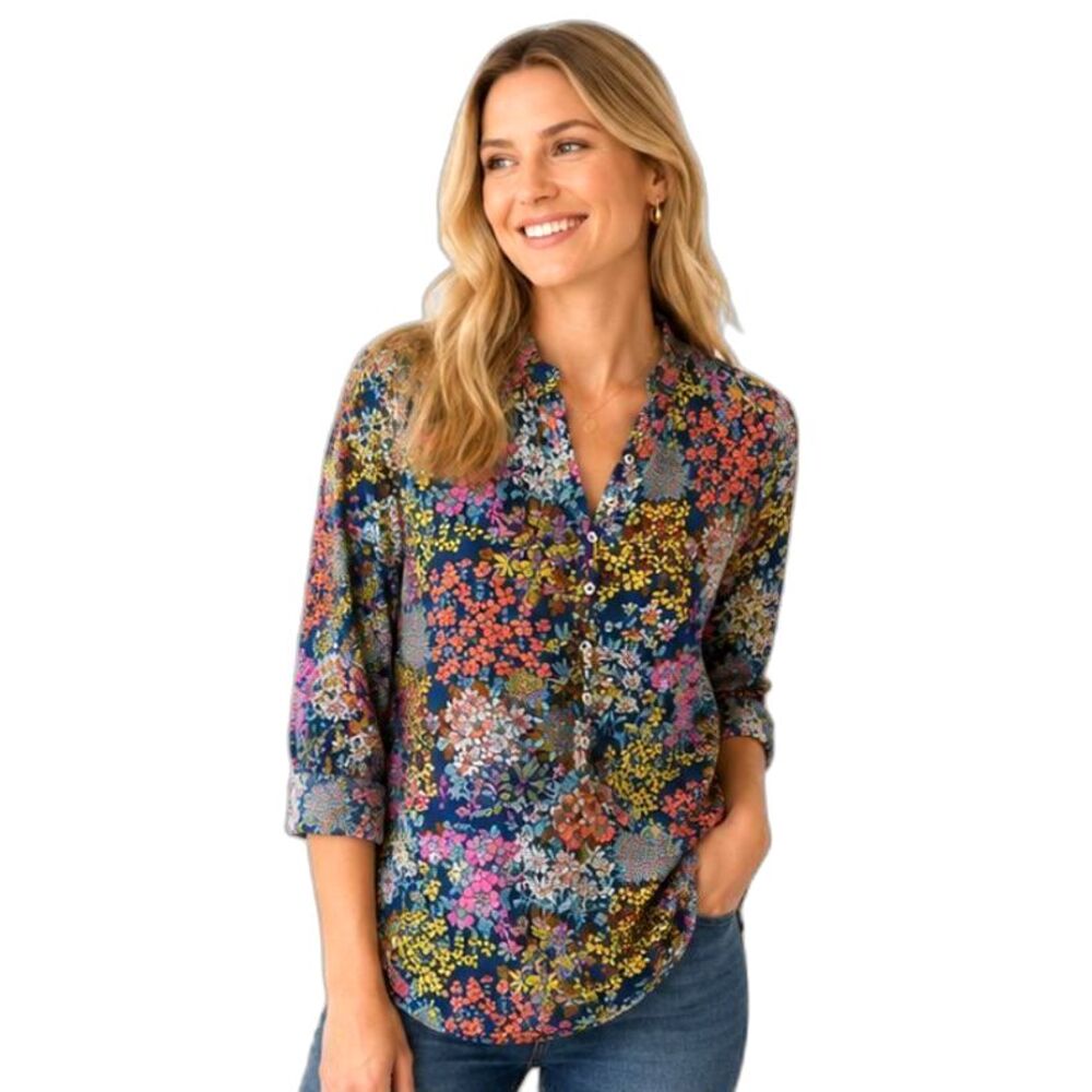 Talbots XL 100% Cotton Floral Blouse Navy Pink Long Sleeve Henley Top
